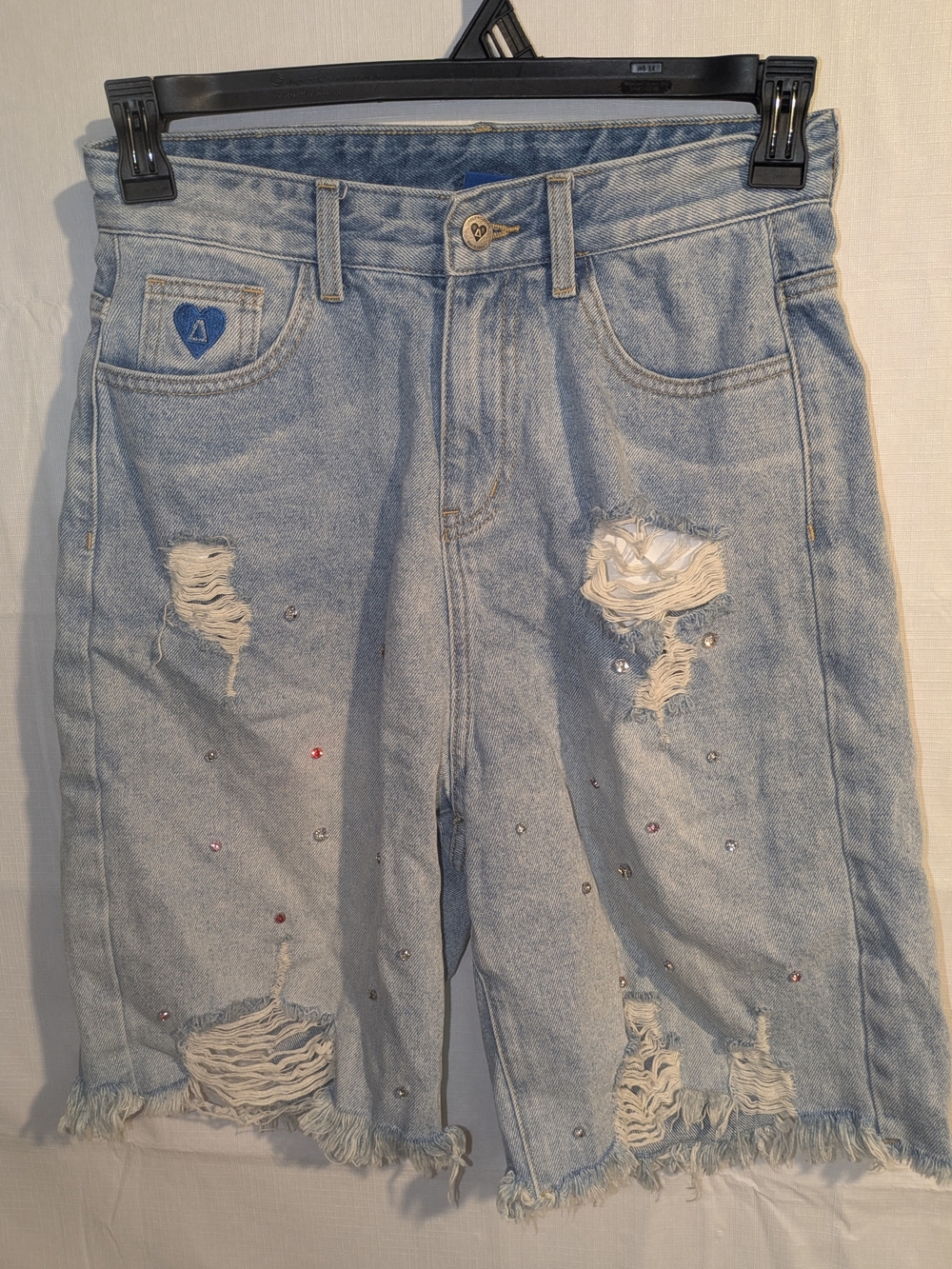 Aelfric Eden Light Blue Distressed Boyfriend Jeans Shorts with Crystal Accents